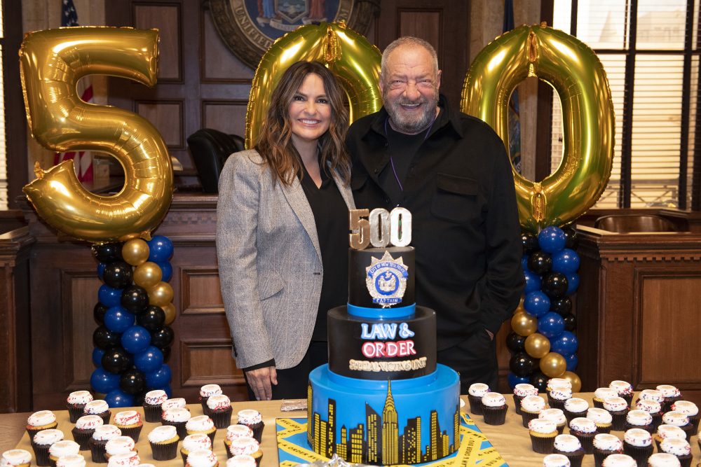 Universal TV LAW & ORDER: SPECIAL VICTIMS UNIT -- 500th Episode Cake Cutting -- Pictured: (l-r) Mariska Hargitay; Dick Wolf, Executive Producer -- (Photo by: Virginia Sherwood/NBC)
